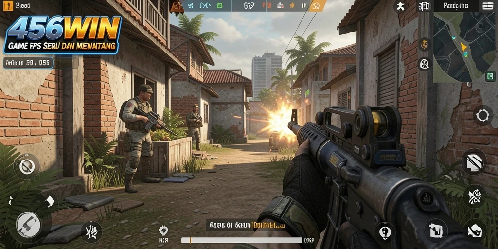 Screenshot utama menunjukkan aksi seru dalam game FPS 456WIN.