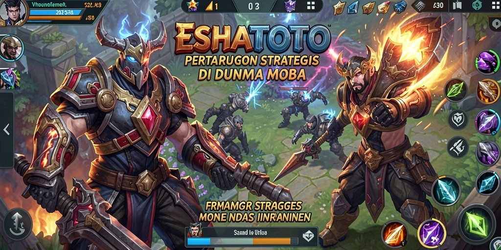 Tampilan utama gameplay ESHATOTO menunjukkan aksi pertarungan MOBA yang seru.