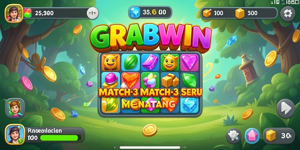 Screenshot utama GRABWIN menampilkan gameplay Match-3 yang menarik.