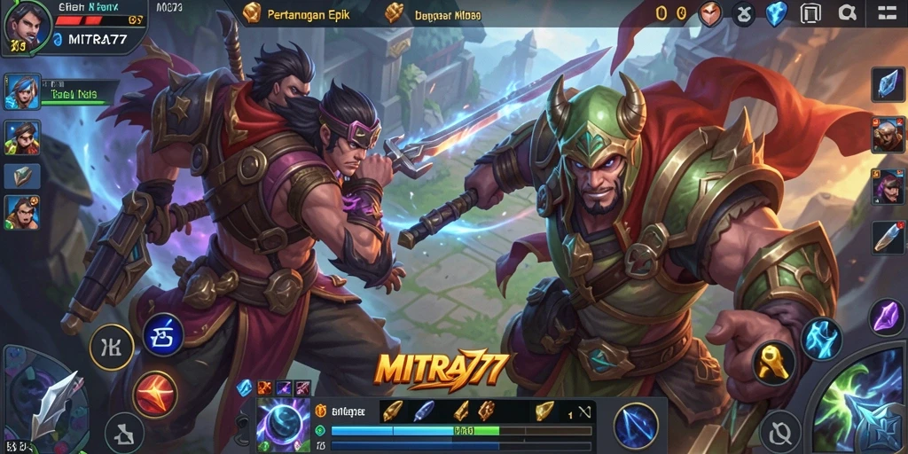 Screenshot menampilkan pertarungan seru dalam gameplay MOBA MITRA77.