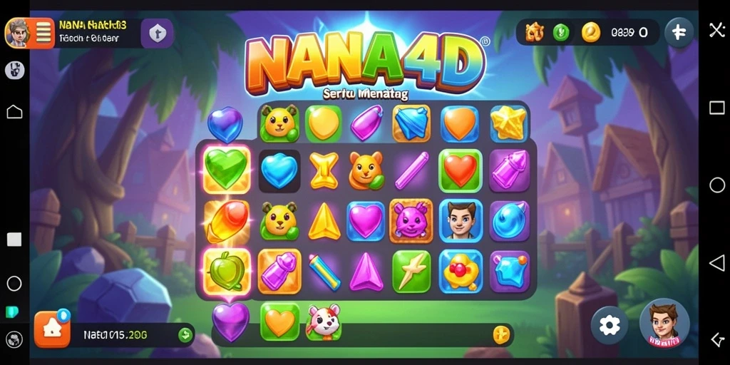 Tampilan gameplay seru dari NANA4D dengan permata berwarna-warni.