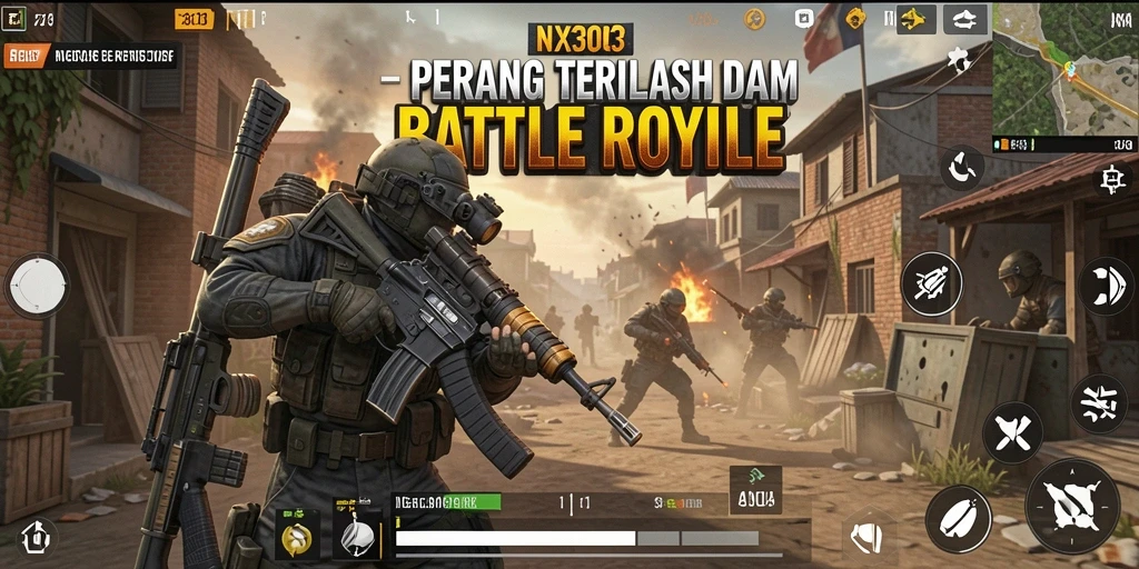 Screenshot utama NX303 menunjukkan aksi menegangkan dalam Battle Royale.