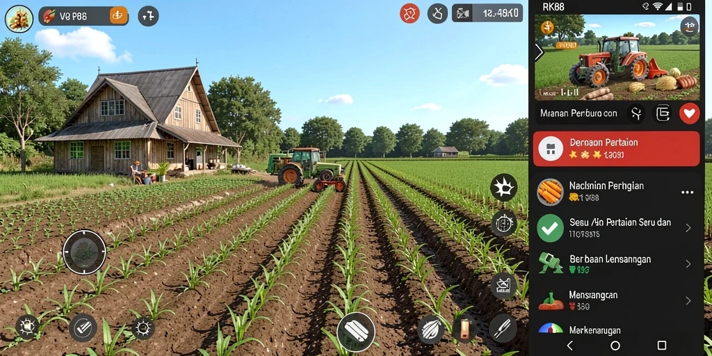 Tampilan gameplay RK88 dengan ladang subur dan aktivitas pertanian yang menarik.