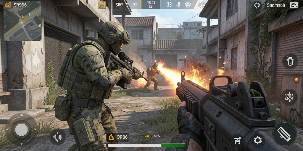 Tangkapan layar gameplay SR996 yang menunjukkan aksi FPS yang intens.
