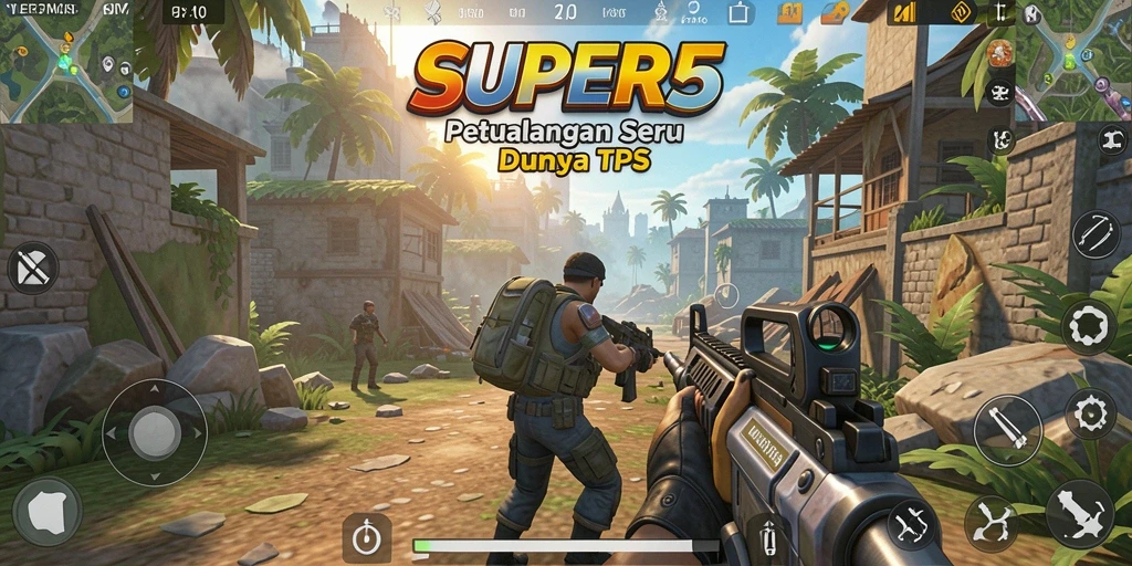 Tangkapan layar menunjukkan pertempuran mendebarkan dalam <strong>SUPER5</strong>, menampilkan gameplay TPS yang intens.