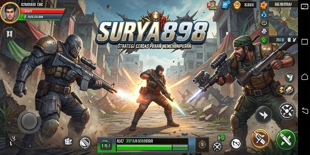 Screenshot utama SURYA898 menampilkan pertempuran strategi yang intens.